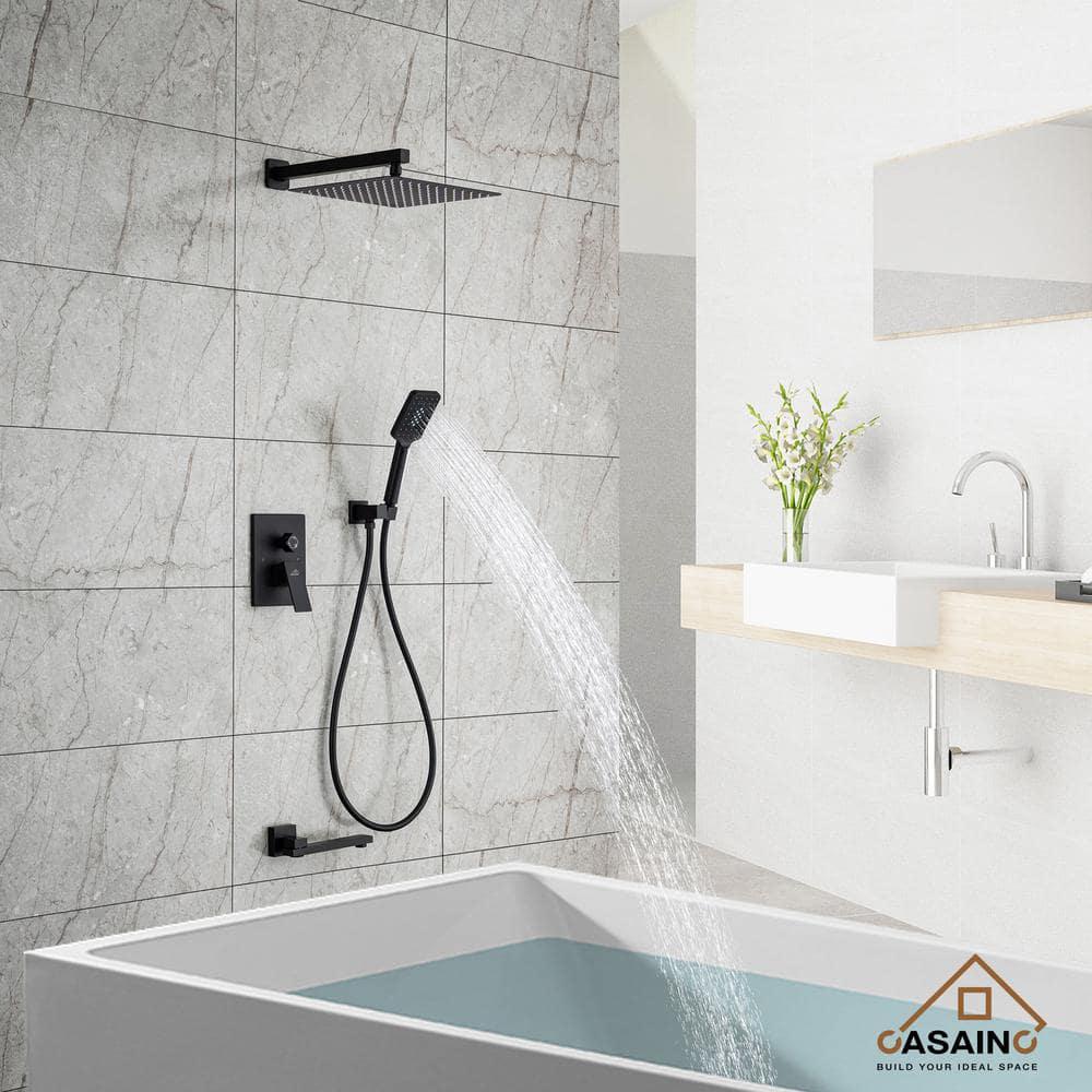 CASAINC 1Handle 3Spray Pattern 12 in Wall Mount Shower Set Shower Head Tub and Shower Faucet Matte Black