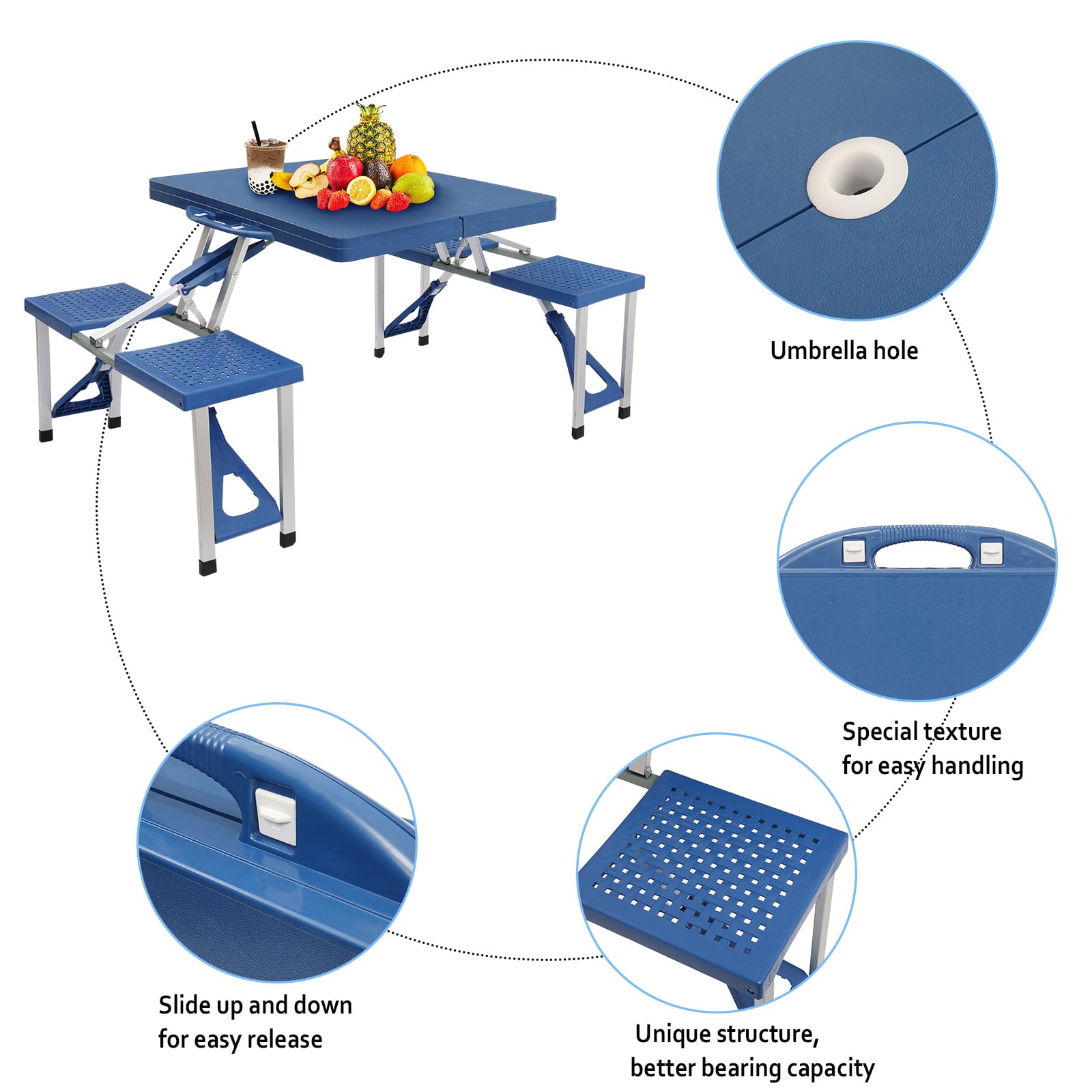 Folding Picnic Table， Outdoor Table and Chair Set with 4 Seaters and 220lbs Weight Capacity for Travel Patio Lawn Garden