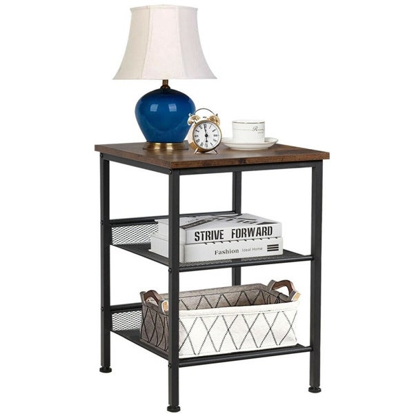 3 Tier Industrial End Table with Mesh Shelves and Adjustable Shelves