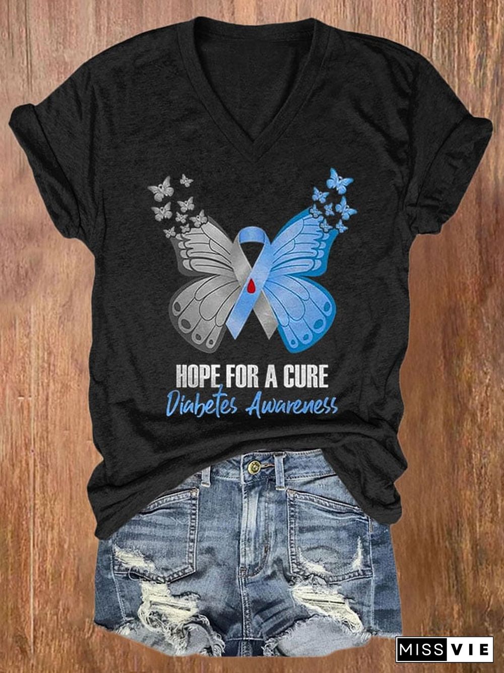 Women's Casual Hope For A Cure Diabetes Awareness Printed Short Sleeve T-Shirt