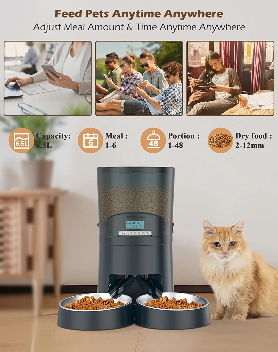 Automatic Cat Feeders 2 Cats 6.5L， 2.4G WiFi Smart Pet Feeder with APP Control for Cats and Dogs Dry Food Dispenser with 2 Stainless Steel Bowl， Desiccant Bag， 10s Voice Recorder