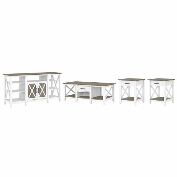 Bush Furniture Key West Tall TV Stand with Coffee Table and Set of 2 End Tables in Pure White and Shiplap Gray