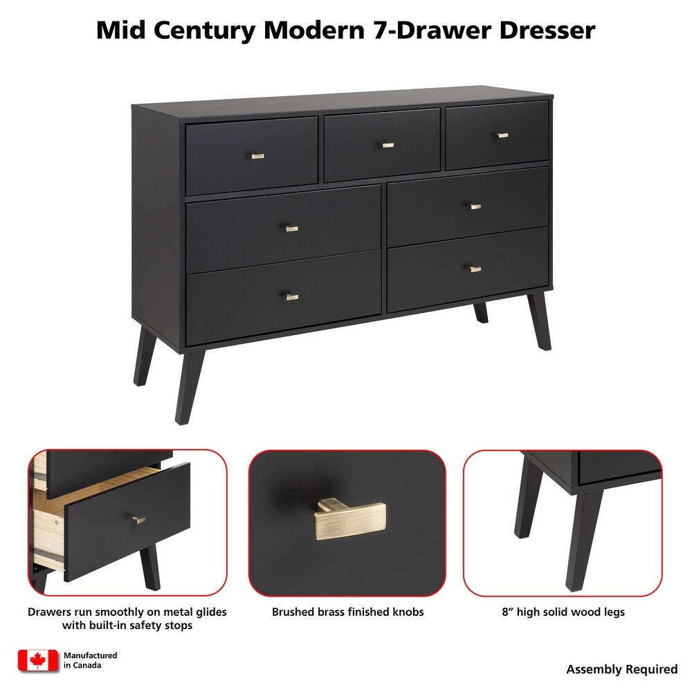 Prepac Milo Mid Century Modern 7 Drawer Double Dresser for Bedroom  Chest of Drawers  Contemporary Bedroom Furniture