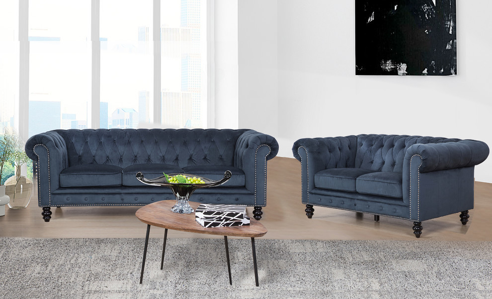 Central Chesterfield 2 Piece Velvet Sofa and Loveseat Set  Blue   Traditional   Living Room Furniture Sets   by Abbyson Living  Houzz