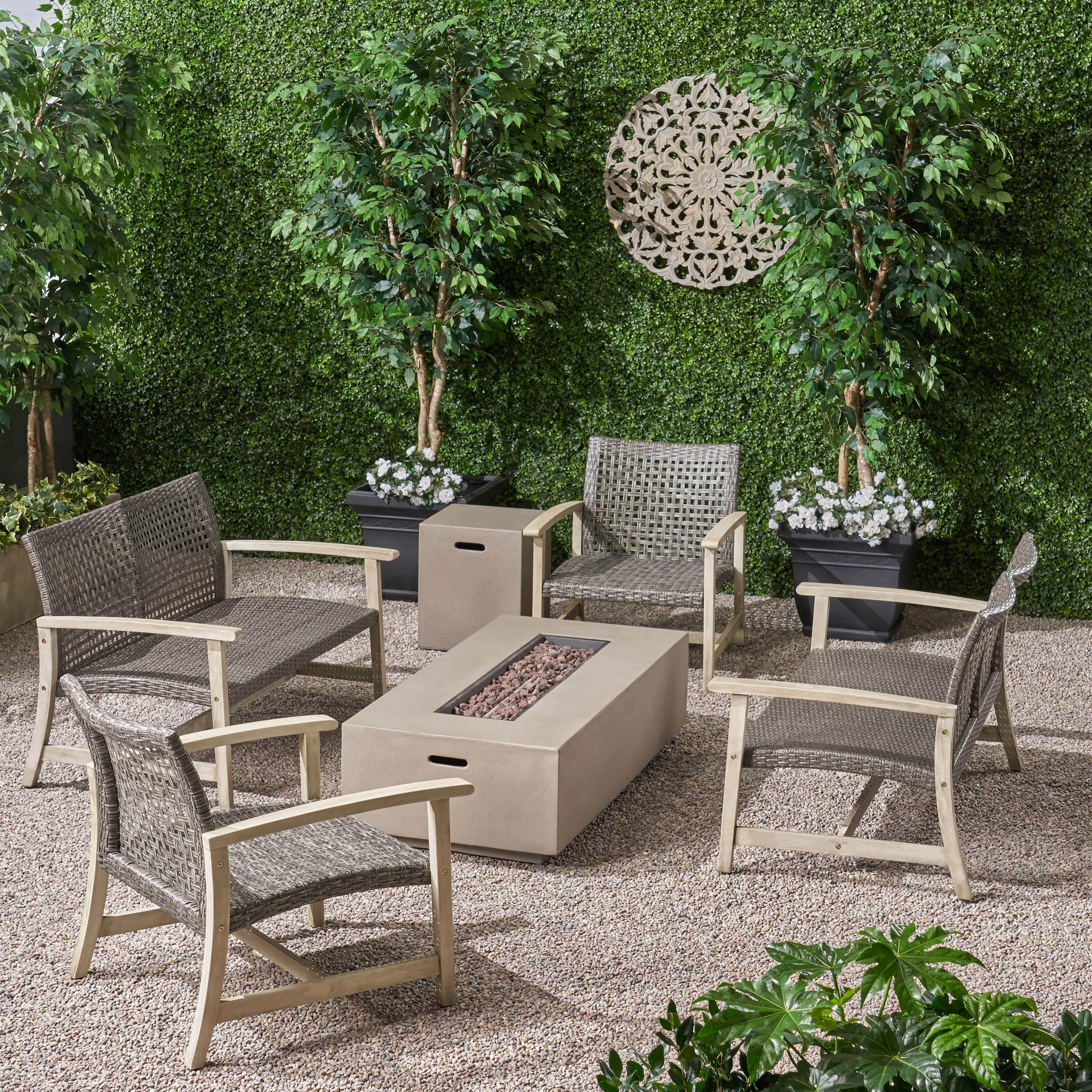 Tabby Outdoor 6 Seater Wood and Wicker Chat Set with Fire Pit