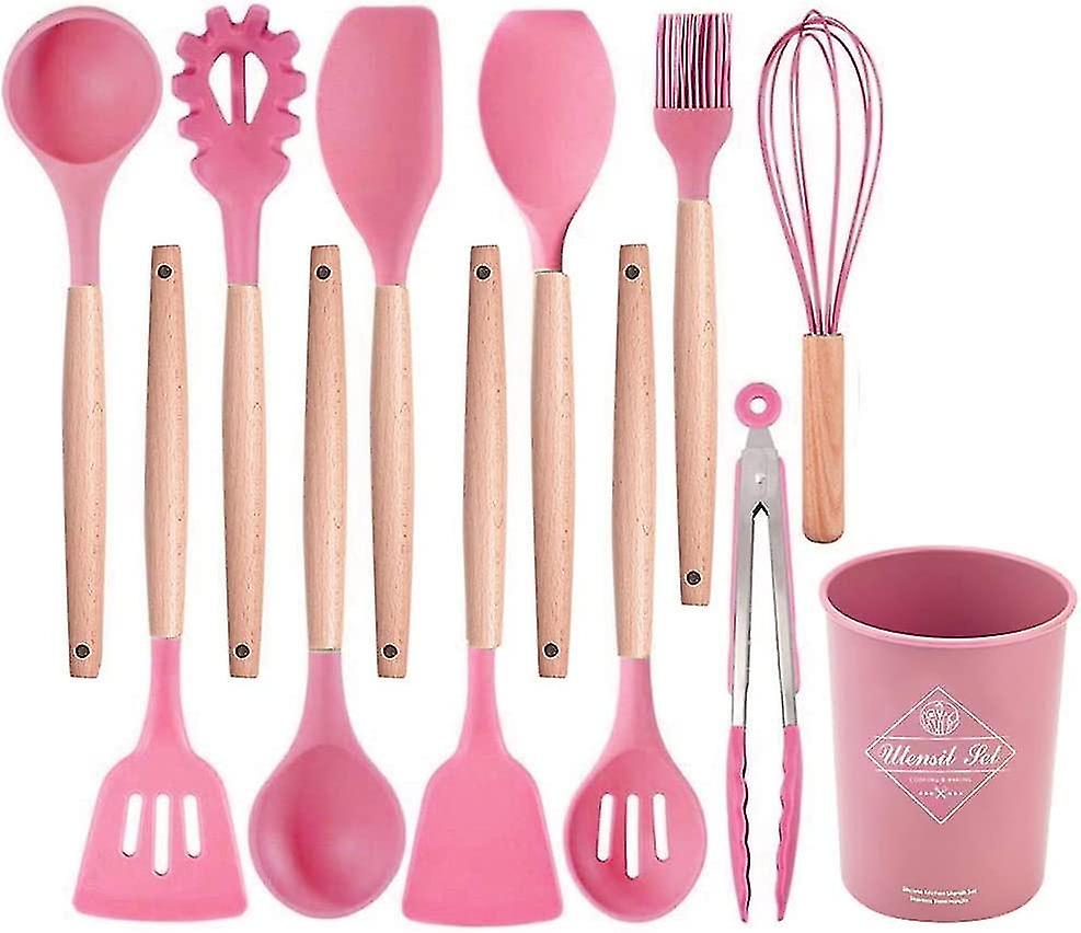 12 Pack Silicone Kitchen Utensil Set With Natural Wooden Handles For Home， House， Apartments