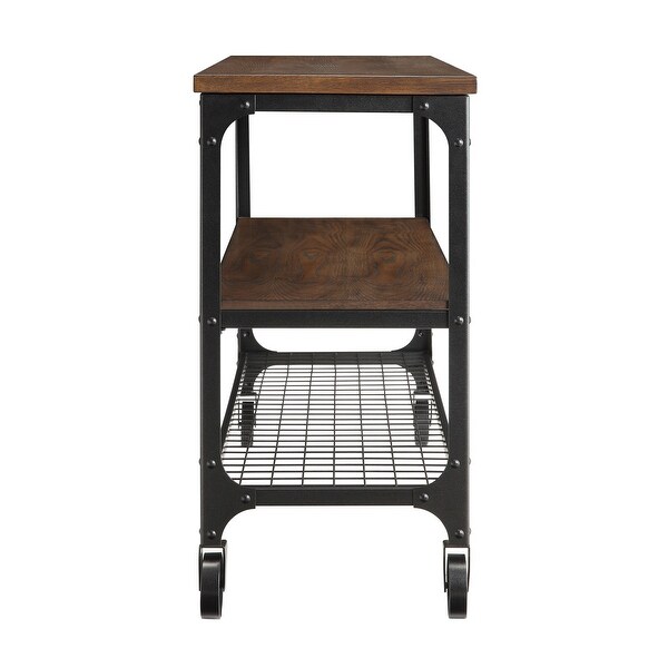 Avery Industrial Wood and Metal Console Table with Wheels， Black/Brown Finish