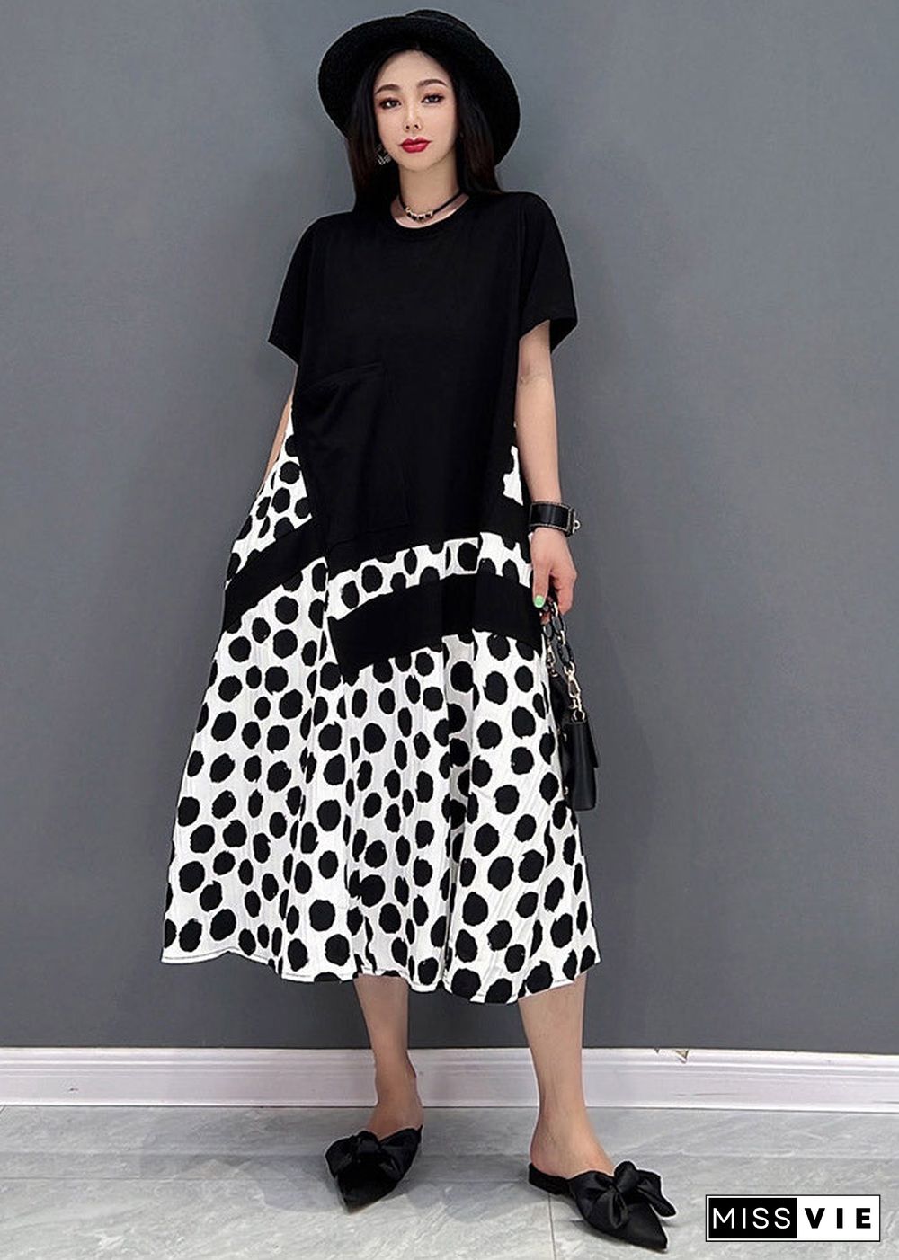 Black O-Neck Dot Maxi Dresses Short Sleeve