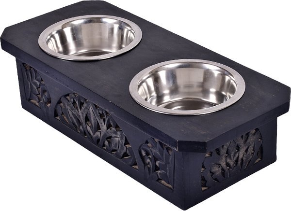 Mela Artisans Poodle Double Elevated Dog and Cat Bowls， Burnt Blackwash， 2-cup