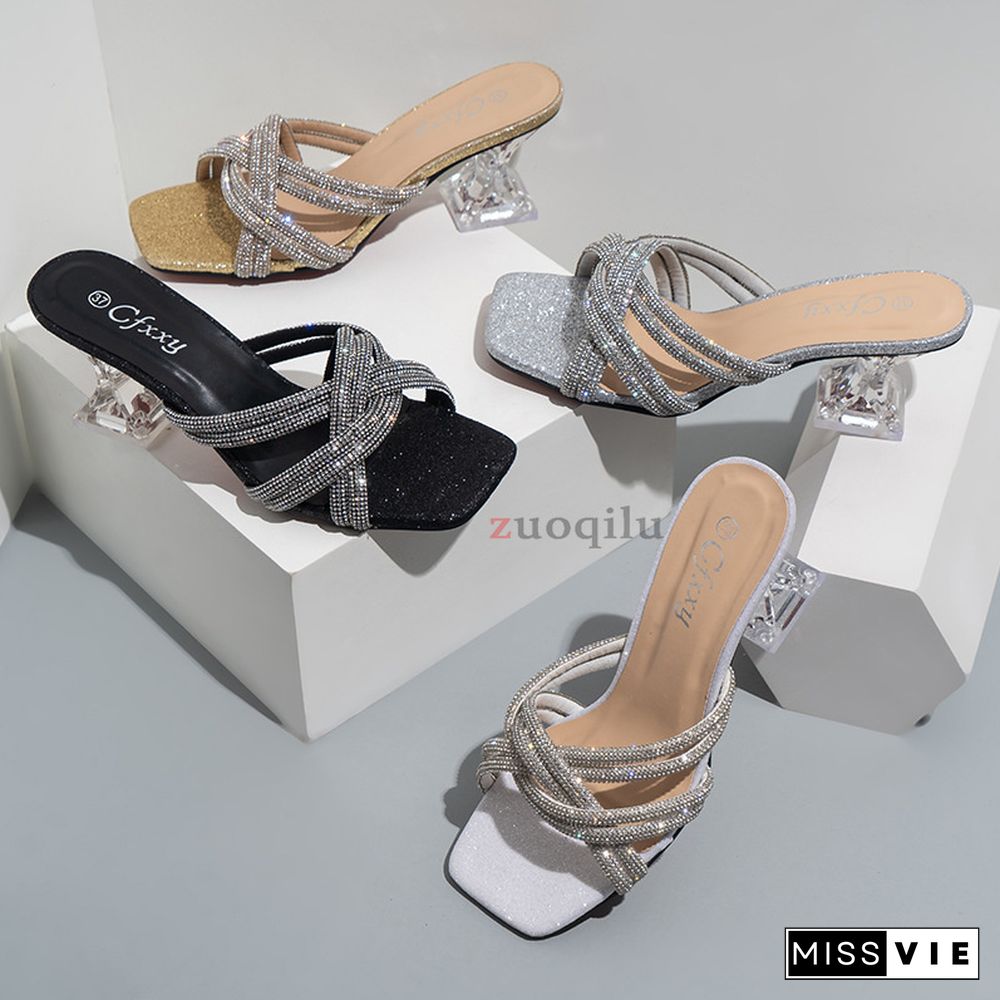 Women Sexy Clear High Heels Slippers Rhinestone Accessories Sandals New Summer Beach Ladies Slides Flip Flops Female Dress Shoe