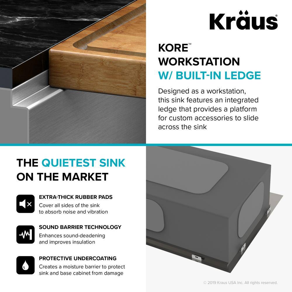 KRAUS Kore Workstation 27 in. 16-Gauge Undermount Single Bowl Stainless Steel Kitchen Sink with Accessories KWU110-27