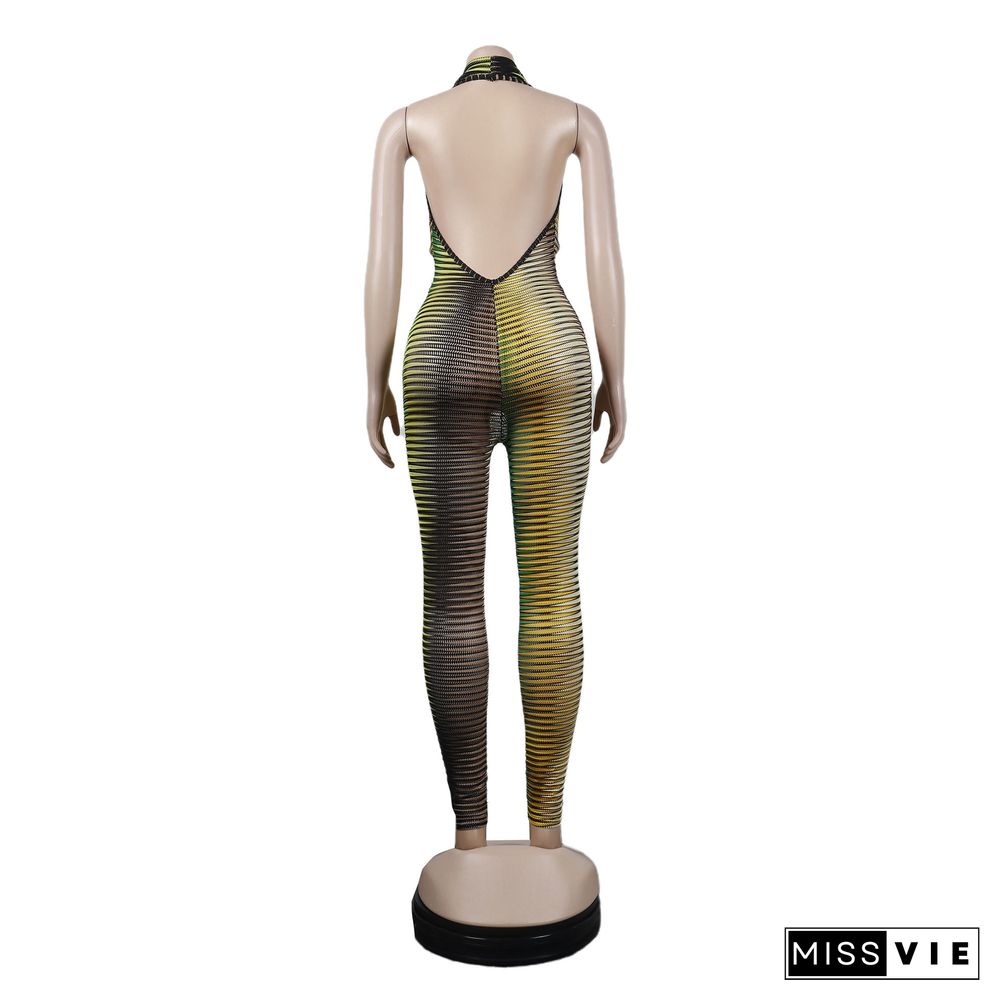 Halter Backless Printed Mesh Bodycon Clubwear Jumpsuit