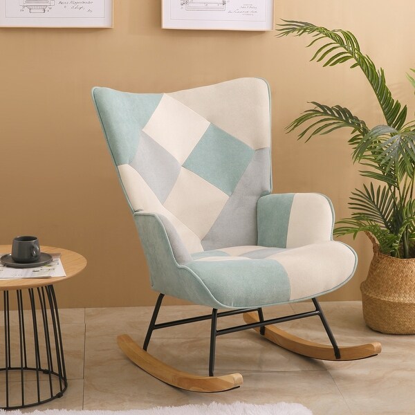 Fabric Rocker Chair with Wood Legs and Patchwork Linen