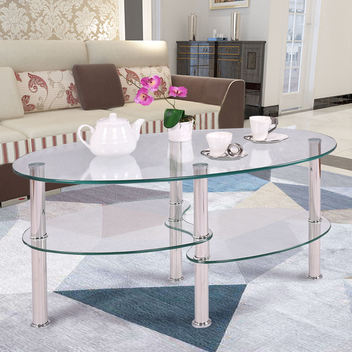 Dual Fishtail Style Tempered Glass Coffee Table Transparent