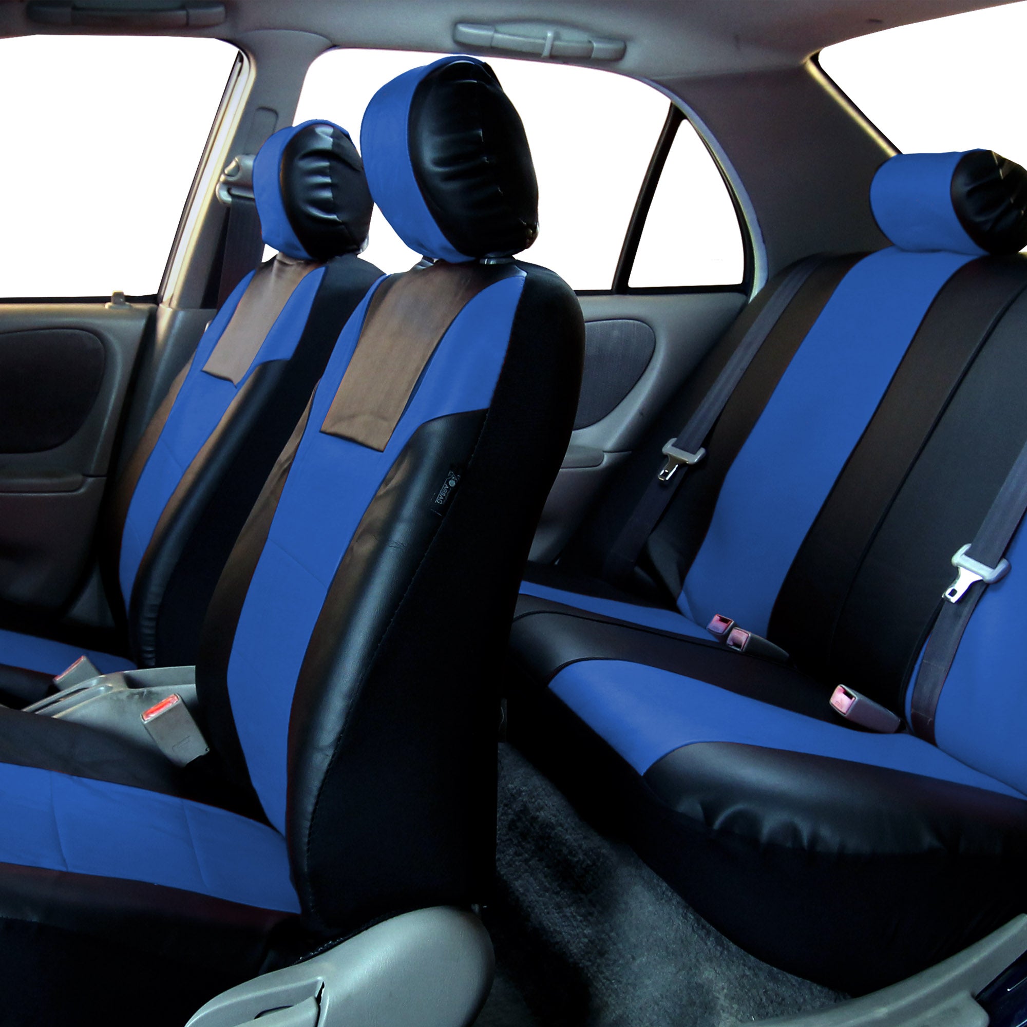 FH Group Blue Black Racing Faux Leather Airbag Compatible Split Bench Car 4 Headrest Seat Covers， Full Set