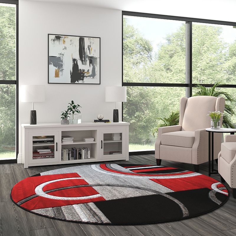 Masada Rugs Masada Rugs Sophia Collection 8'x8' Hand Sculpted Modern Contemporary Round Area Rug in Red， Gray， White and Black