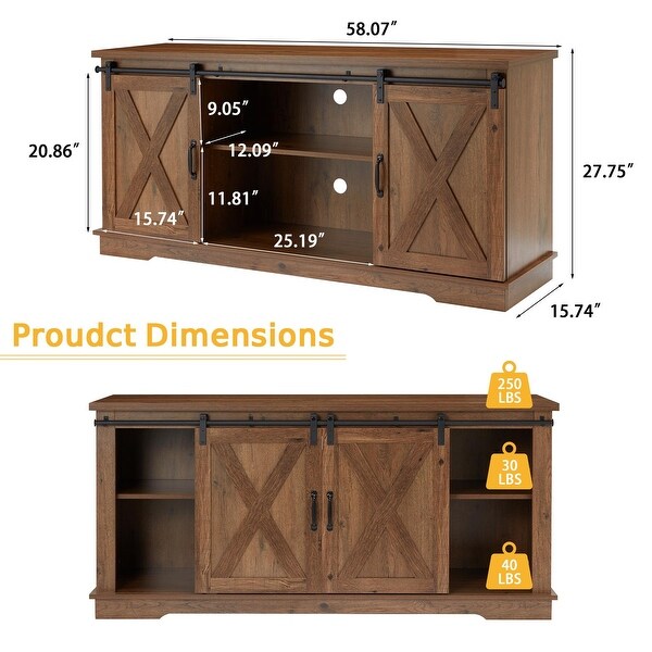 Modern Sliding Barn Door TV Stand with 5 Adjustable Shelves Brown