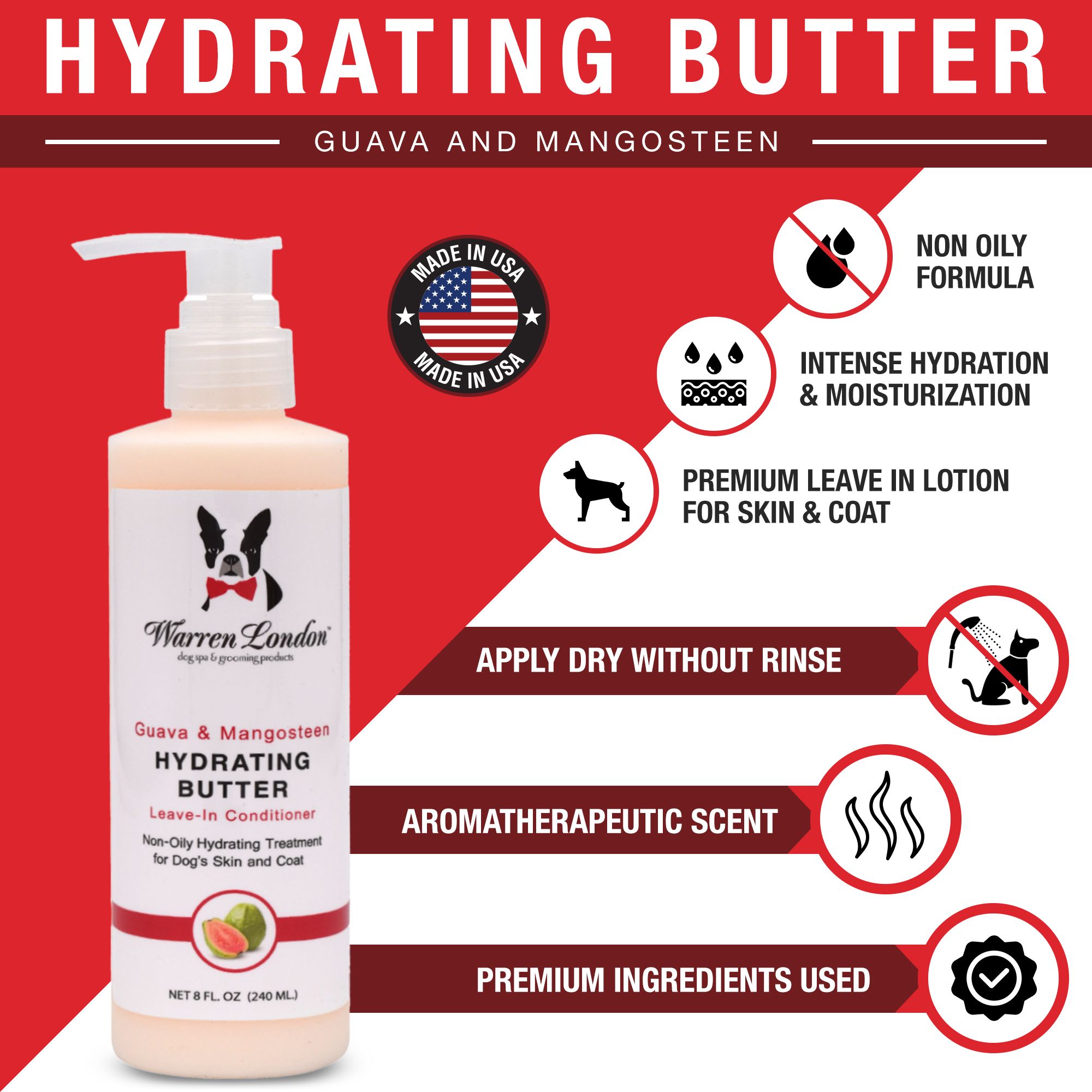 Warren London Guava  Mango Hydrating Butter Leave In Conditioner Lotion for Dogs， 8 fl. oz.