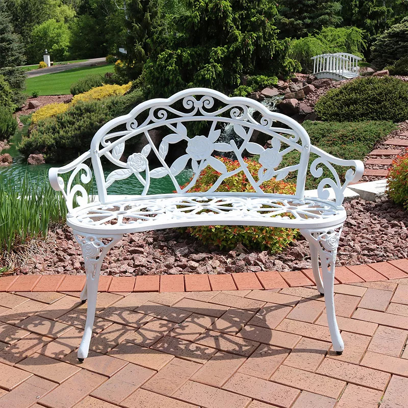 Sunnydaze 2-Person Classic Rose Cast Aluminum Outdoor Garden Bench - White