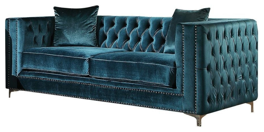 Gillian Loveseat With2 Pillows  Dark Teal Velvet   Midcentury   Loveseats   by Homesquare  Houzz