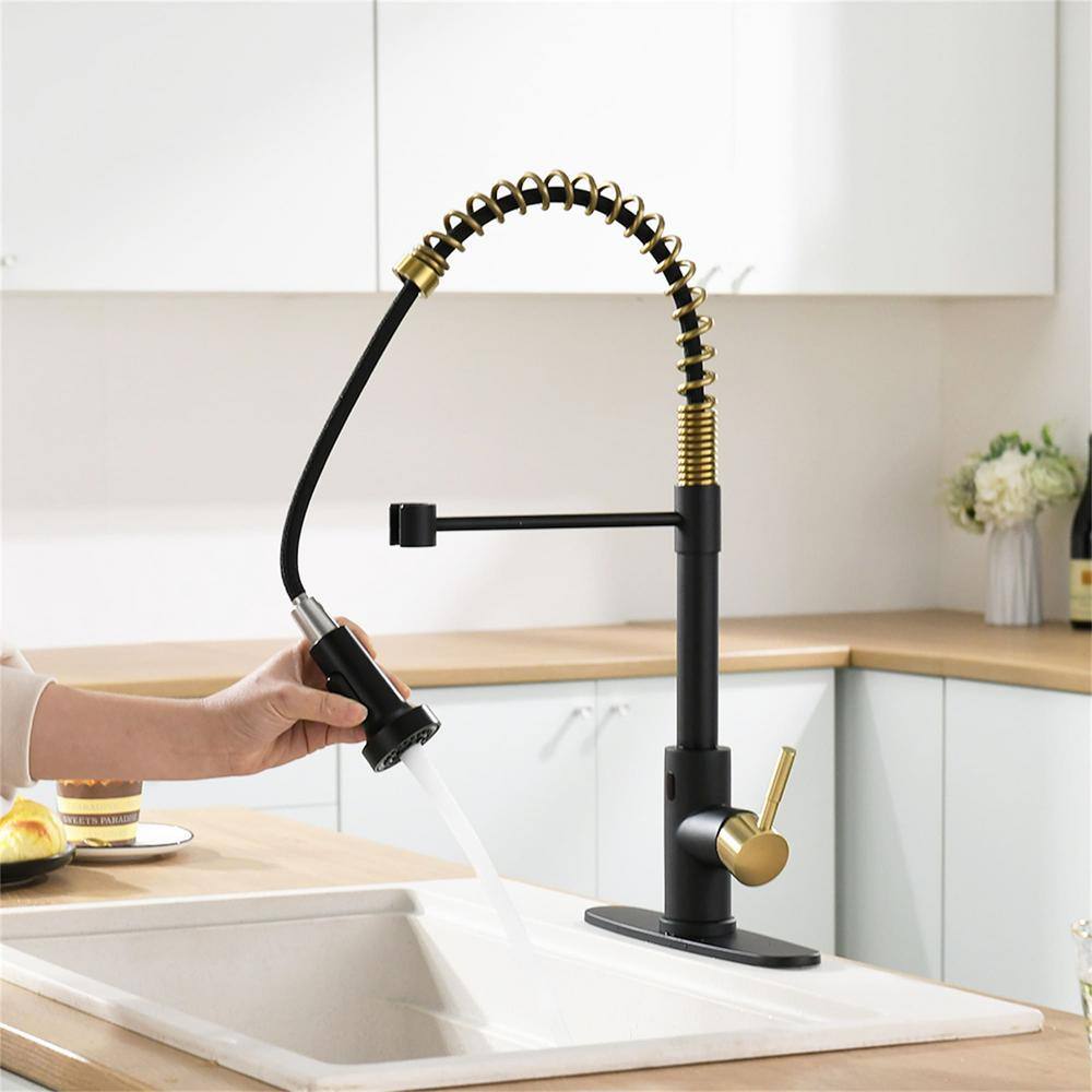 FLG Single Handle Touchless Commercial Smart Pull Down Sprayer Kitchen Faucet with Deckplate Included Black and Brushed Gold CC-0131-BG