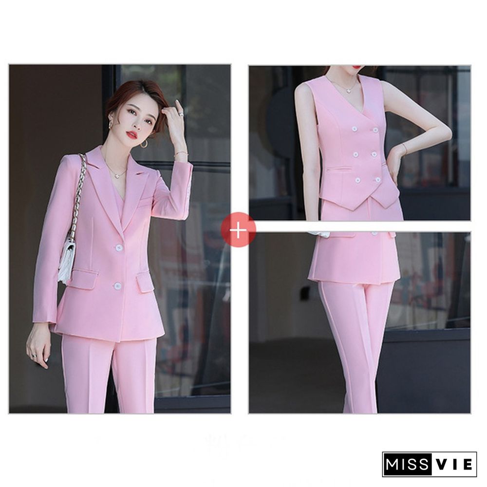 3 Piece Set Women Suits Elegant Ol Slim Blazer Suit+Double Breasted Vest+High Waist Skinny Ankle Length Pants Outfit Sets