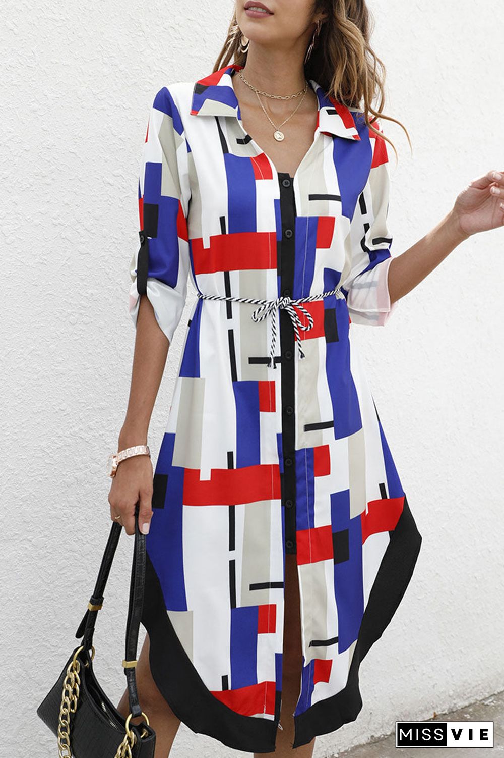 Fashion Street Print Turndown Collar Irregular Dresses(3 Colors)