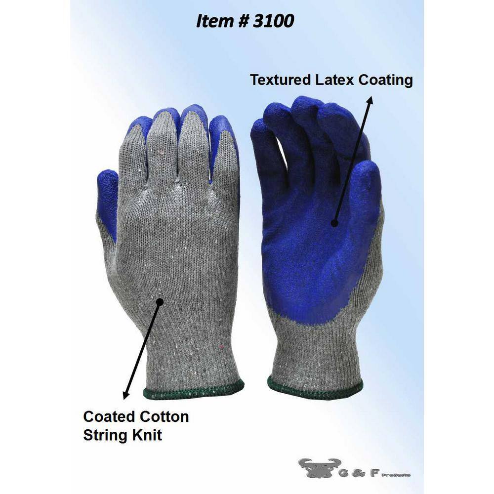 G  F Products Large Blue Latex Palm and Finger Crinkle Pattern Rubber Coated Gloves (120-Case) 1511L-10