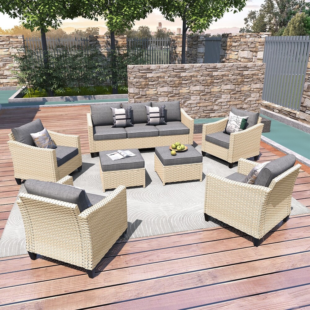 HOOOWOOO Outdoor Patio Furniture 7 piece Rattan Curved Backrest Seating Set