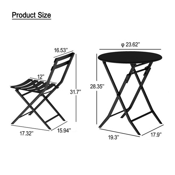 3 Piece Patio Bistro Set of Foldable Round Table and Chairs