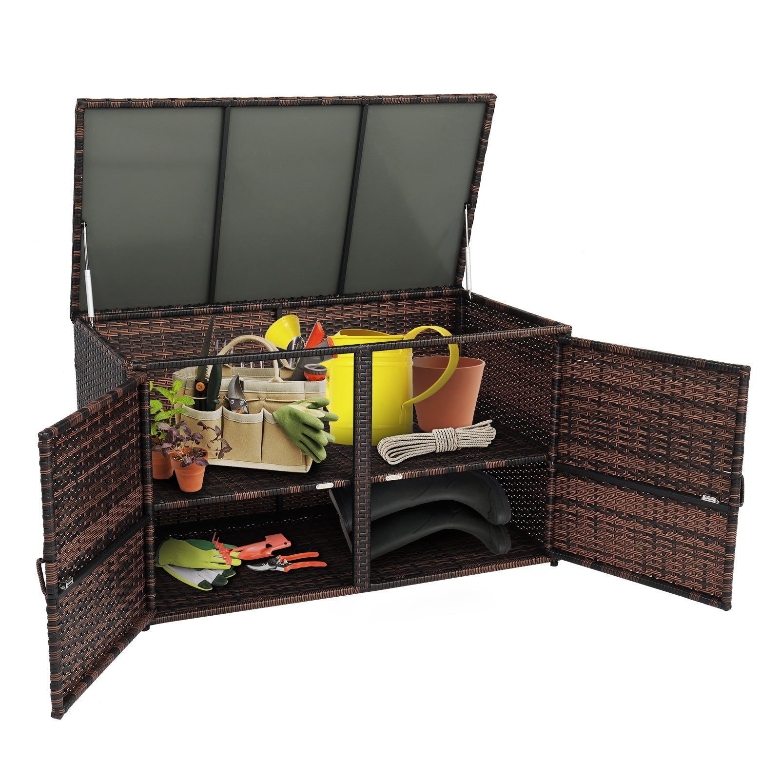 VINGLI 88 gallon Outdoor Rattan Deck Box w/ Openable Doors & 2 Shelves, Brown