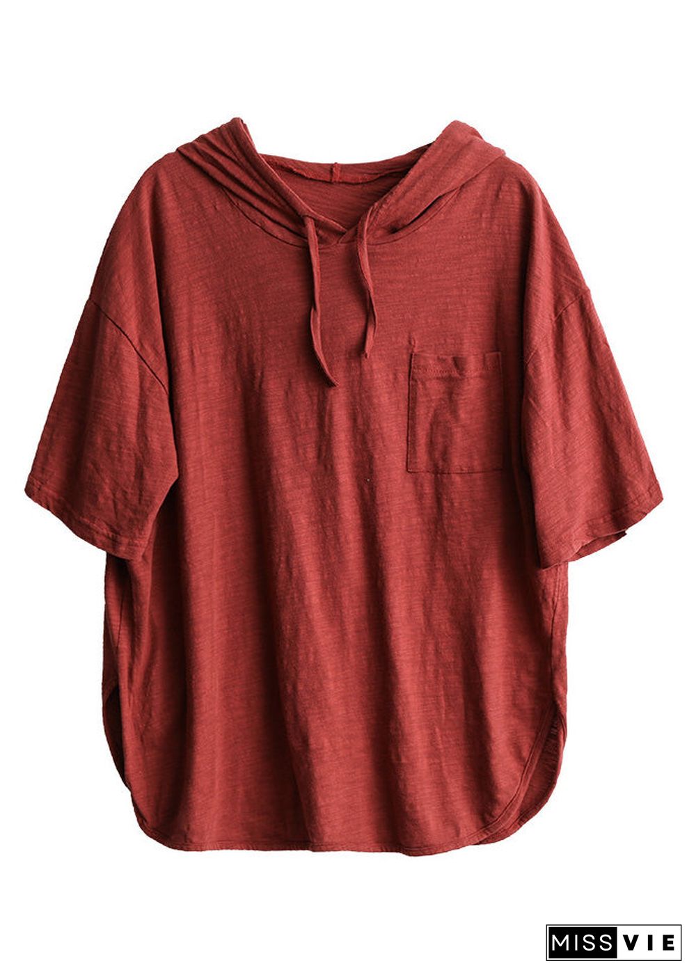 Red Drawstring Solid Cotton Hooded T Shirt Summer