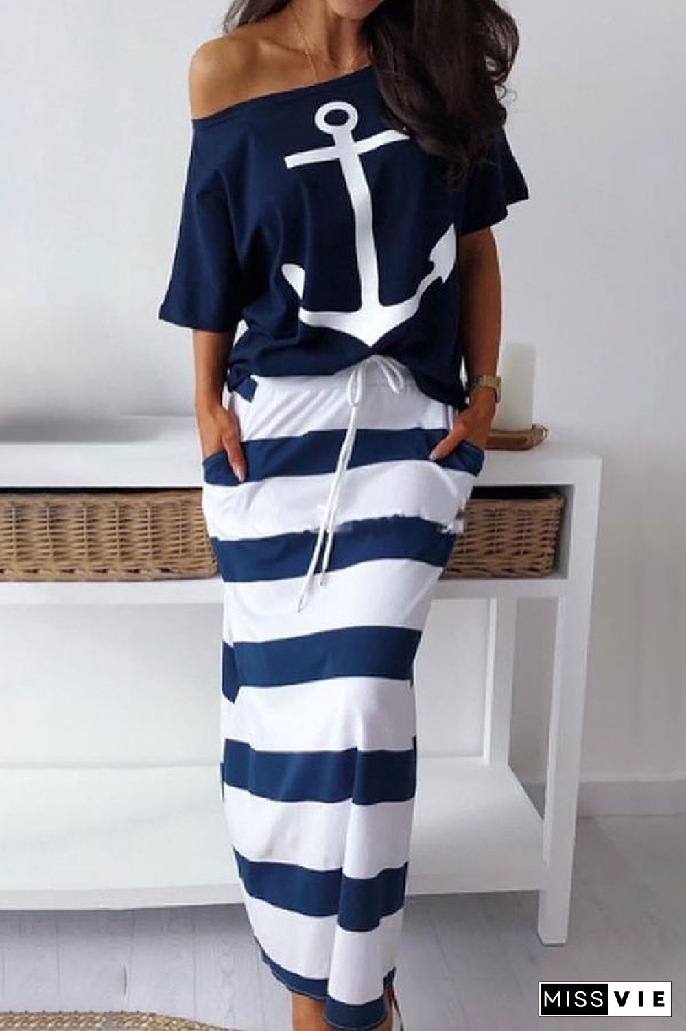 Boat Anchor Print T-Shirt  Striped Skirt Set P10263