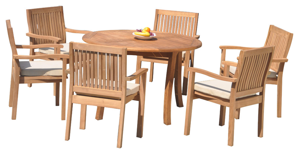 7 Piece Outdoor Teak Dining Set  48 quotRound Table  6 Leveb Stacking Arm Chairs   Transitional   Outdoor Dining Sets   by Teak Deals  Houzz