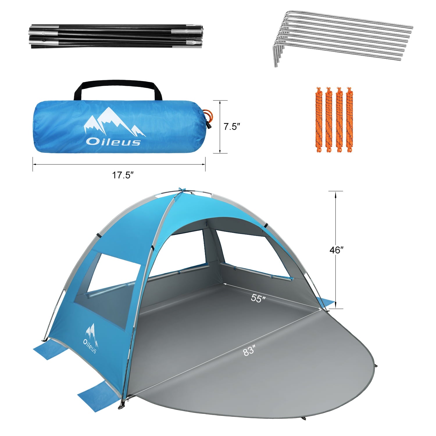 Oileus Beach Tent Pop Up Tents Sun Shelter， Sun Shade for 2-3 Person With UV Protection， Extended Floor， Mesh Roll Up Windows， Carry Bag， Stakes， 6 Sand Pockets， Lightweight and Easy Set Up， Blue