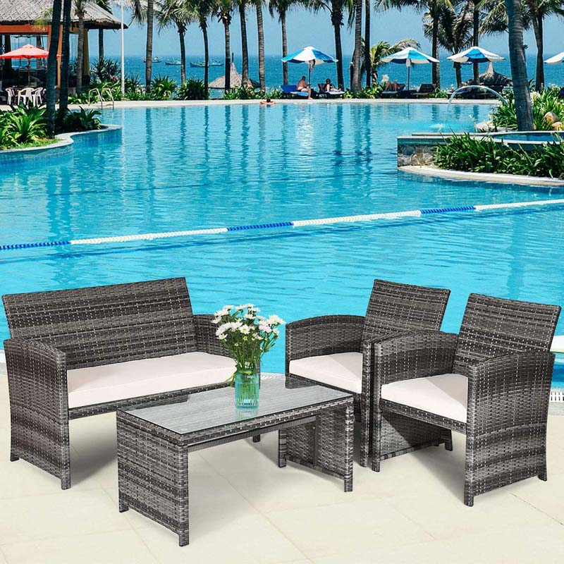 4 Pcs Rattan Wicker Patio Furniture Sets, Outdoor Conversation Sets with Loveseat, Table, Single Sofas