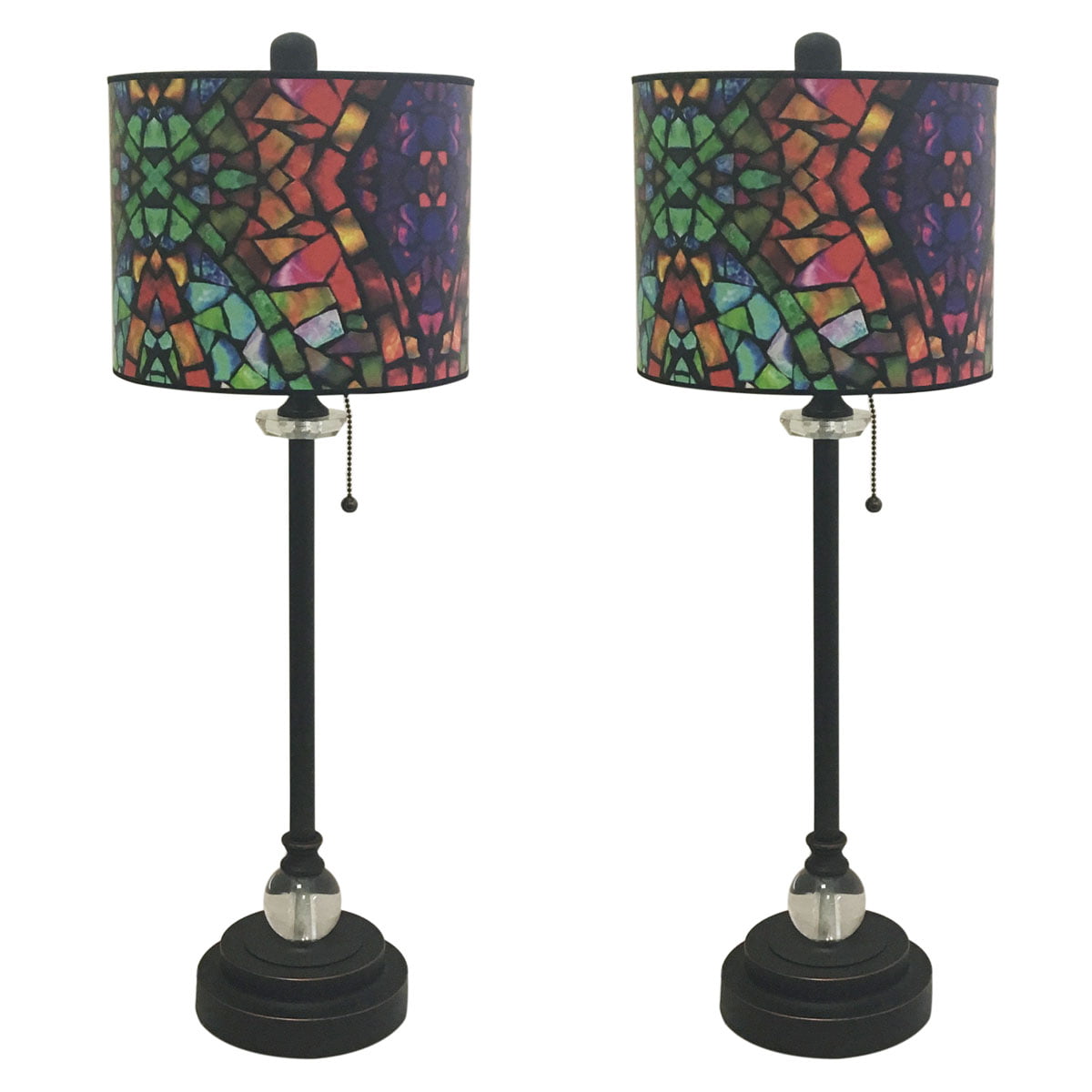 Royal Designs 28" Crystal and Oil Rub Bronze Buffet Lamp with Mosaic Stained Glass Design Hardback Lamp Shade, Set of 2