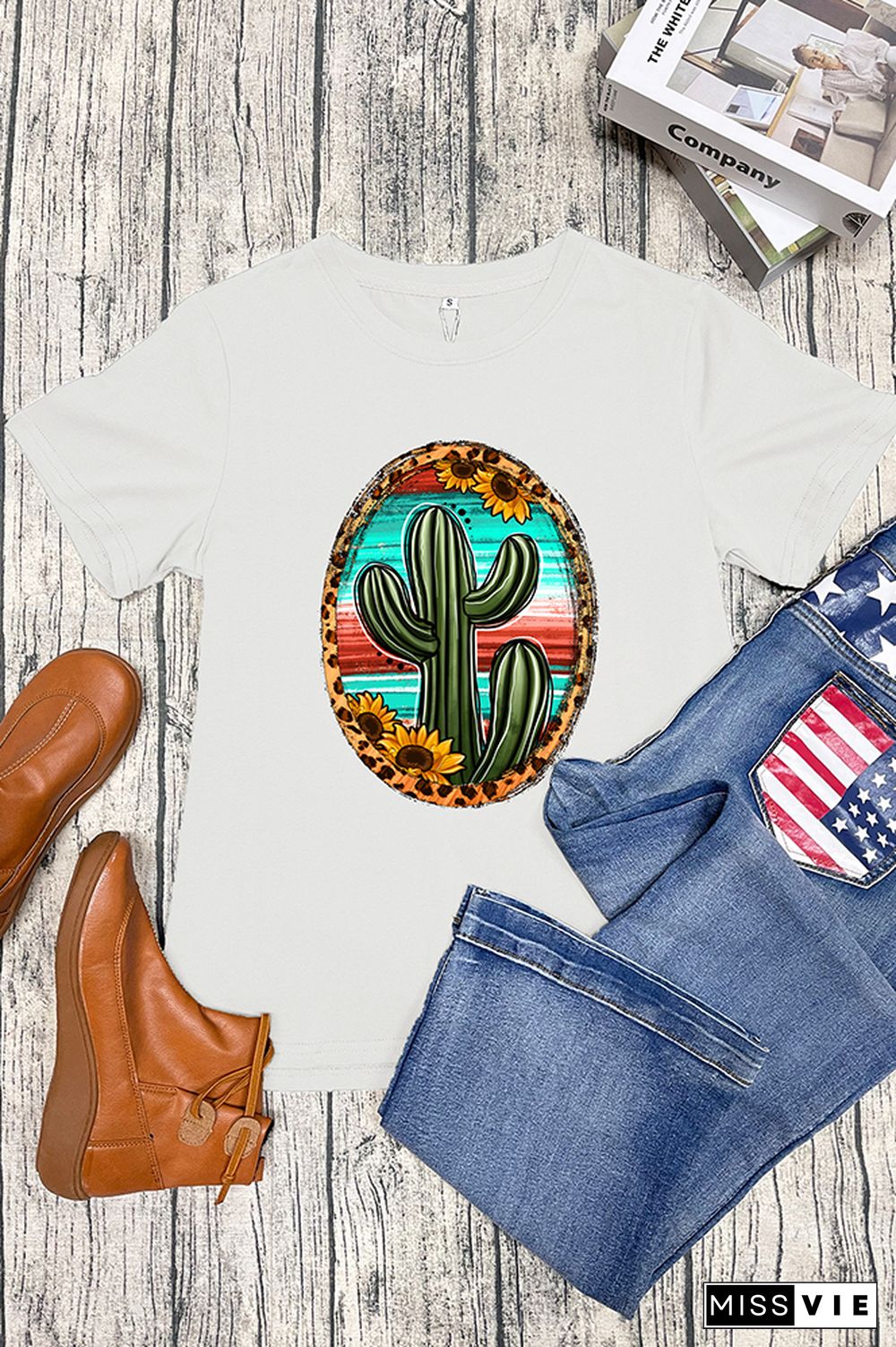 Serape And Sunflower Cactus Sleeve Graphic Tee Wholesale