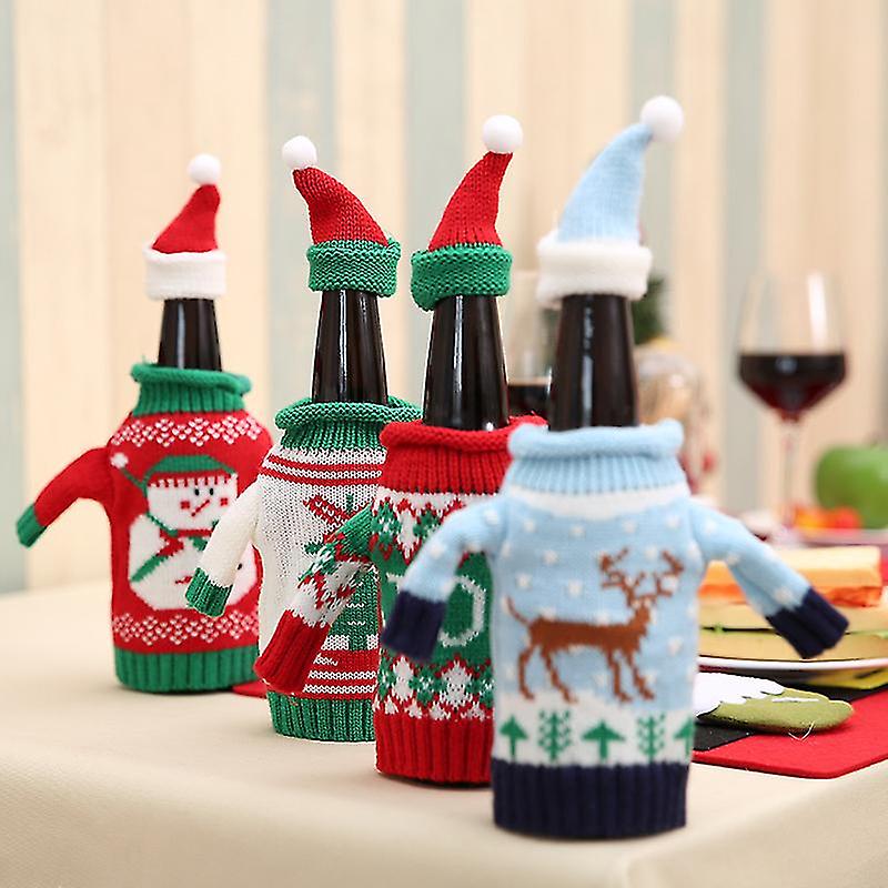 Jwl-2pcs Christmas Decorations Wine Bottle Sweater Cover Bag Santa Claus Knitting Hats For New Year Xmas Home Dinner Party Decor