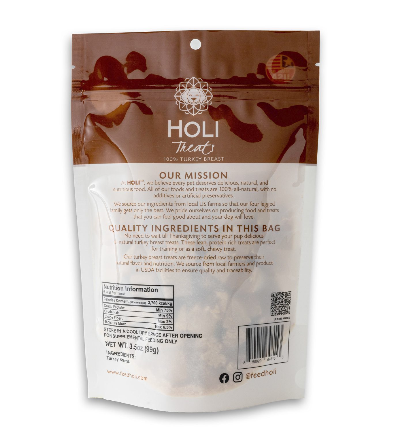 HOLI Turkey Breast Freeze-Dried Treats for Dogs and Cats， 3.5 oz