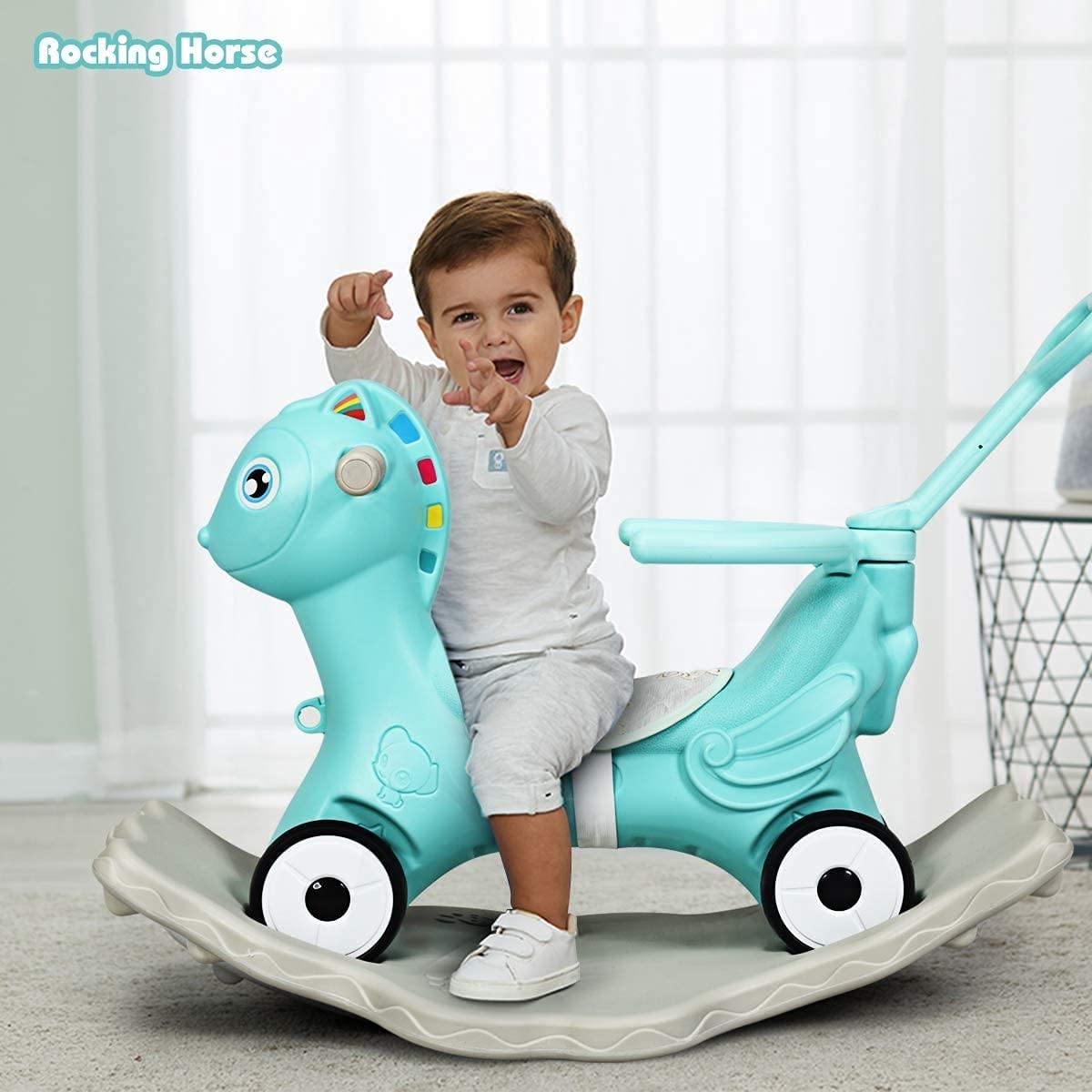 Costzon 4 in 1 Baby Rocking Horse, Ride on Push Car, Push and Ride Racer w/ Music, Green