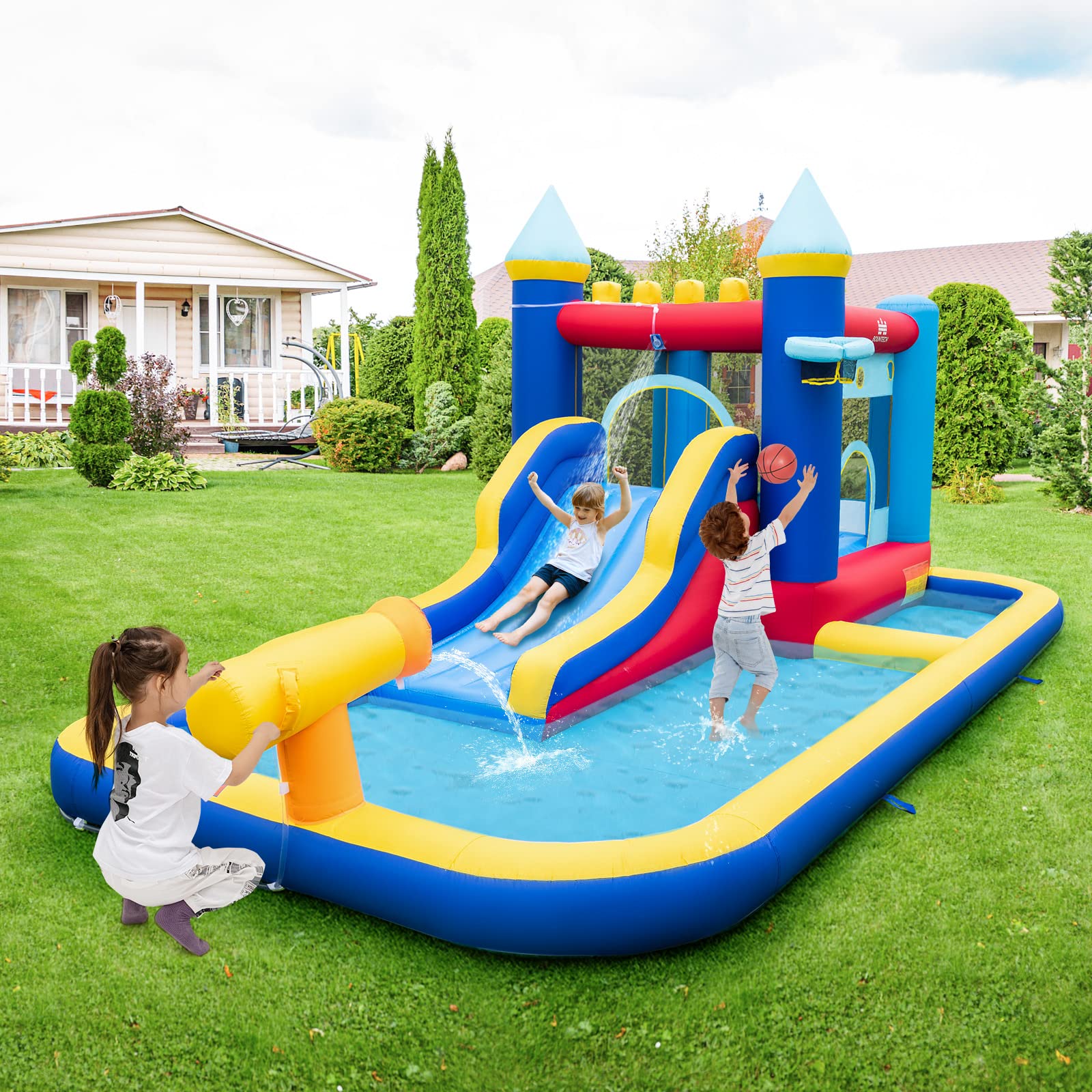 BOUNTECH Inflatable Water Slide, Water Bounce House with Ball Pit & Waterslide for Kids