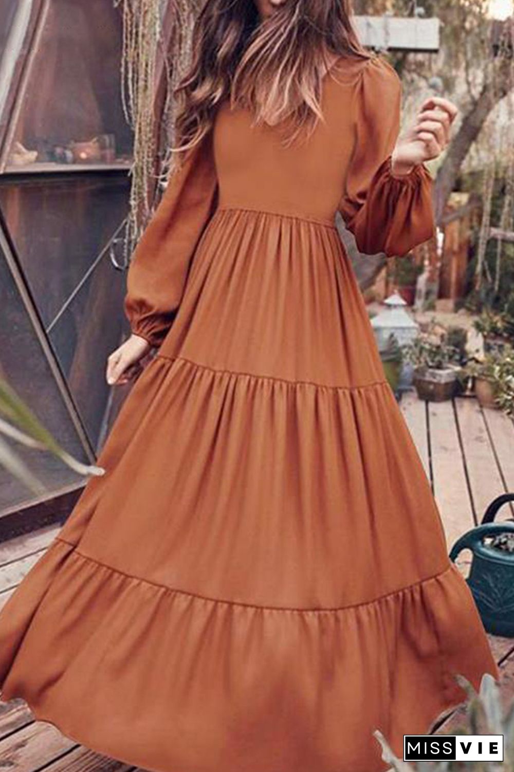 V Neck Puff Sleeves Tiered Maxi Dress