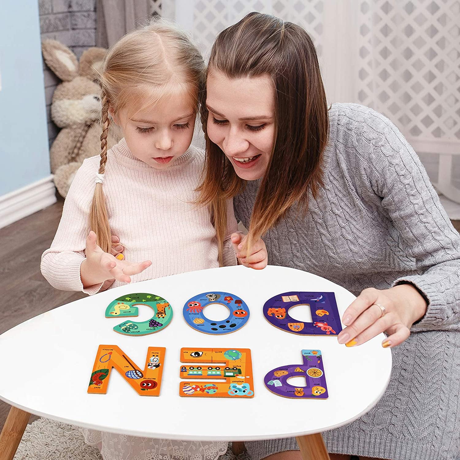 SYNARRY Wooden Alphabet Puzzles for Kids Ages 3-5， ABC Learning for Toddlers Ages 3+， Sight Words Letter Puzzles Montessori Toys Educational STEM for Preschool Boys Girls