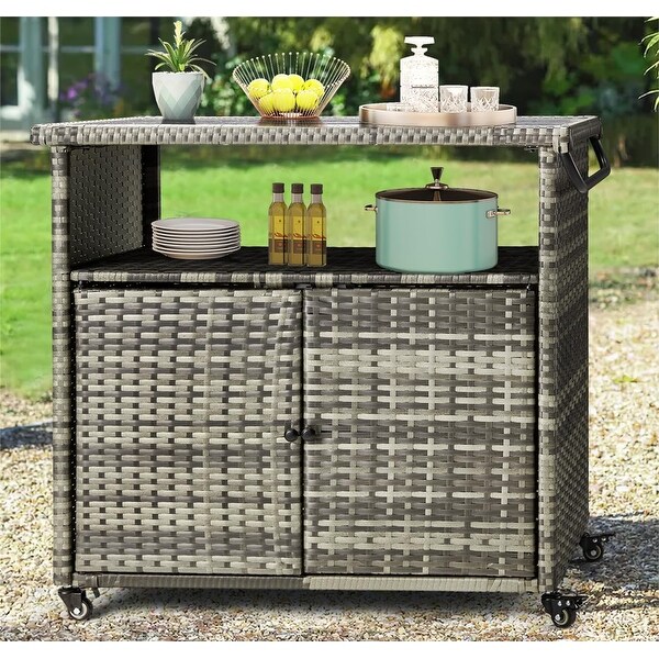 AECOJOY Outdoor Wicker Bar Cart w/Wheels and Shelf Patio Bar Table