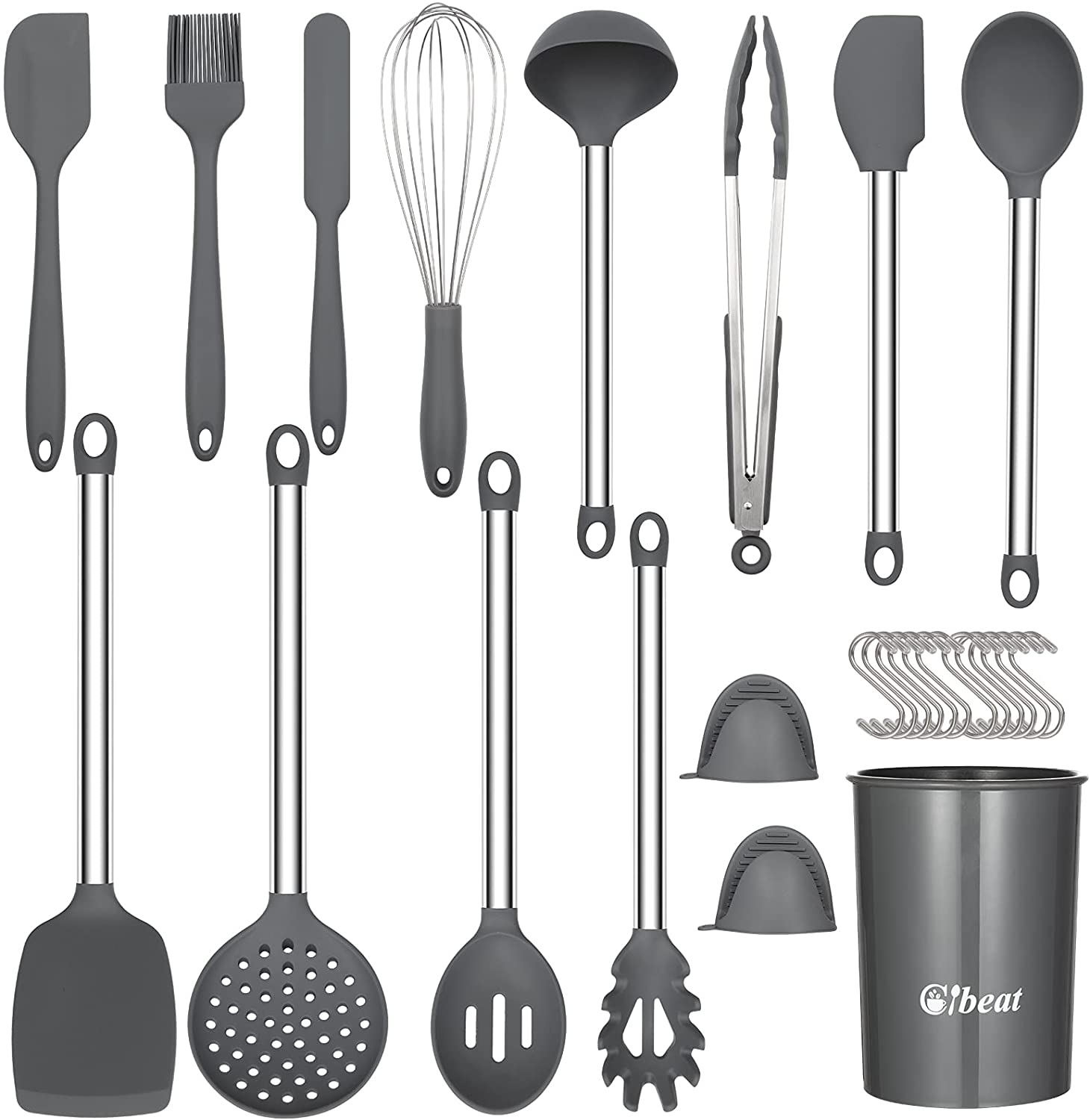 Cibeat Kitchen Cooking Utensil Set, 27 Pcs Non-Stick Silicone Utensils, Silicone Cookware with Stainless Steel Handle, Cookware Kitchen Tools Set, Gray