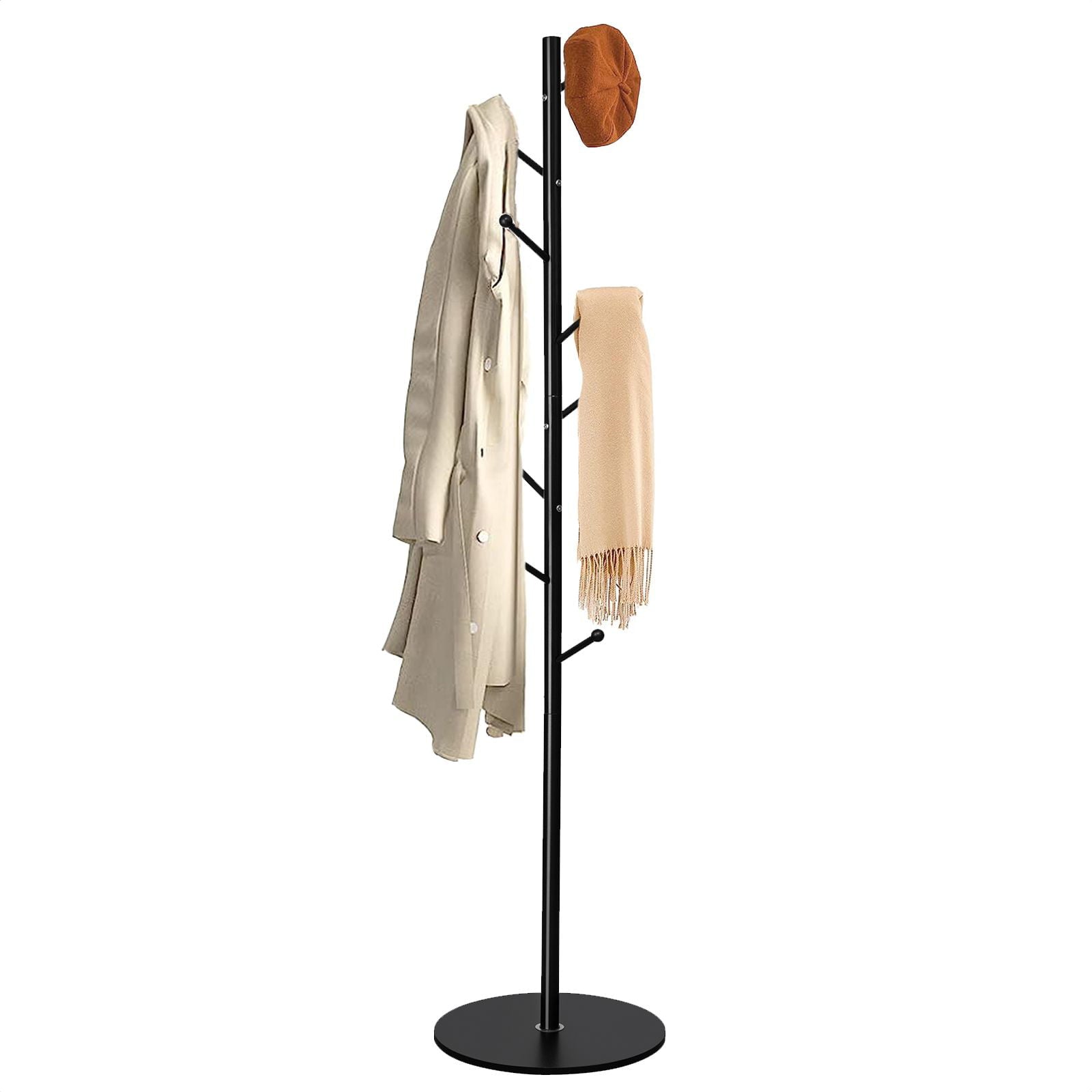 CINYOYO 8 Hooks Metal Coat Rack Stand Entryway Hall Tree with Solid Round Wooden Base， Freestanding Hat Hanger Organizer Simple Umbrella Tree Stand for Jacket， Purse， Scarf， Black