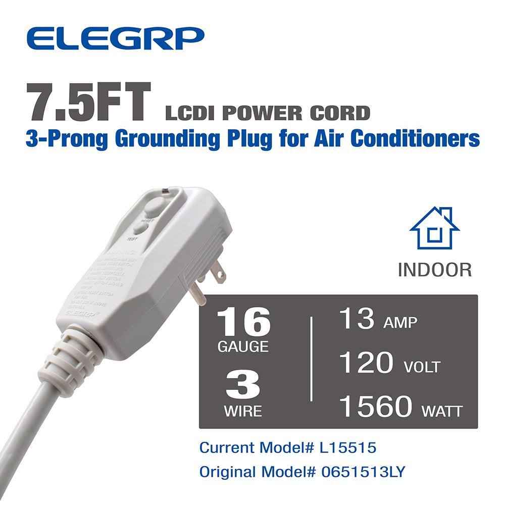 ELEGRP 7.5 ft. 120V 13Amp 1560W LCDI Power Cord Plug for Air ConditionerLeakage Current Detection Interrupter ReplacementGray L15515-16AWG