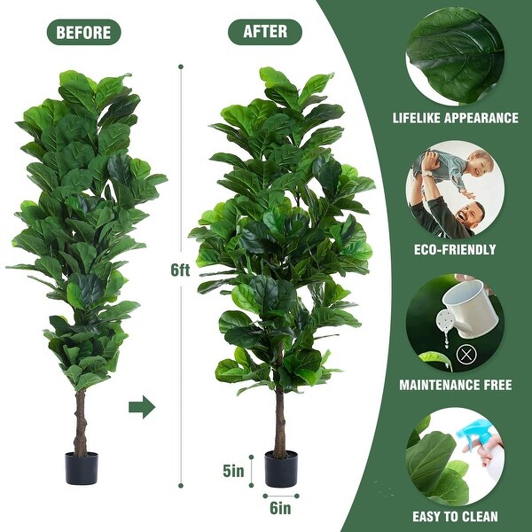 Fiddle Leaf Fig Tree 6ft Tall Artificial Tree in Plastic Pot Fake Ficus Lyrata Plants with 184 Fiddle Leaves Faux Fig Trees