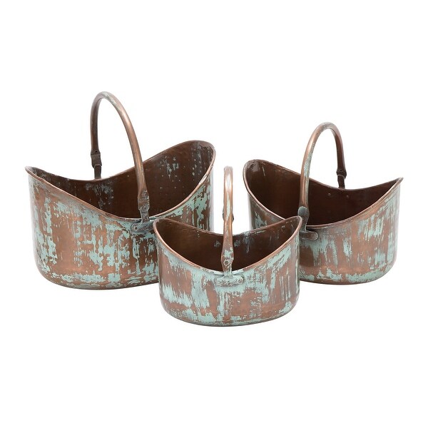 Copper Metal Patina Tulip Style Bucket Indoor Outdoor Planter with Stationary Handles (Set of 3)